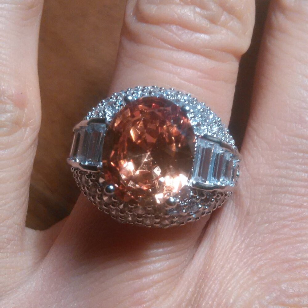 Simulated Champagne Color and White Diamond Silvertone Ring (Size 7)